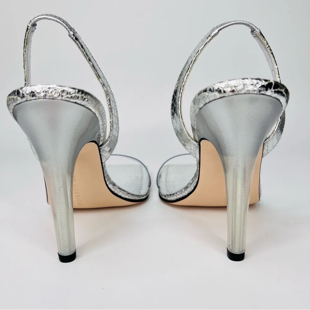Good American Silver Snake Skin & Lucite Square Toe Slingback Stiletto Heels